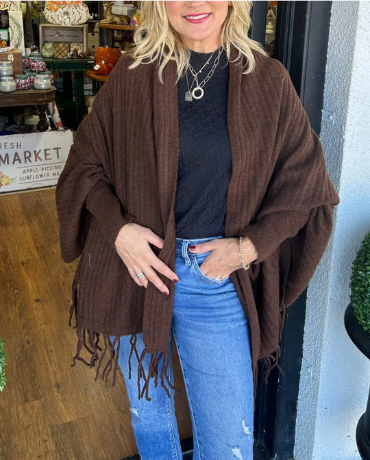 Damen vielseitiger Poncho mit Fransen EB