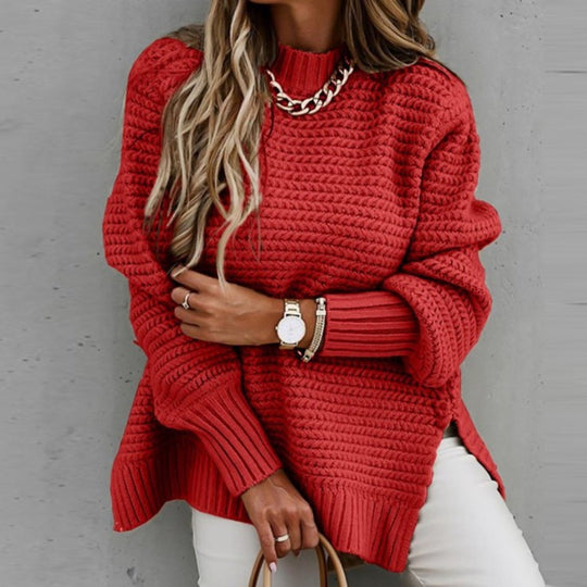 Damen Grobstrickpullover mit hochgeschlossenem Kragen und strukturiertem Muster EB