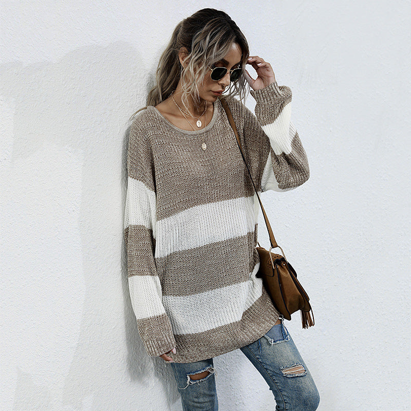 Damen Oversized Strickpullover mit gestreiftem Muster und lässigem Schnitt EB