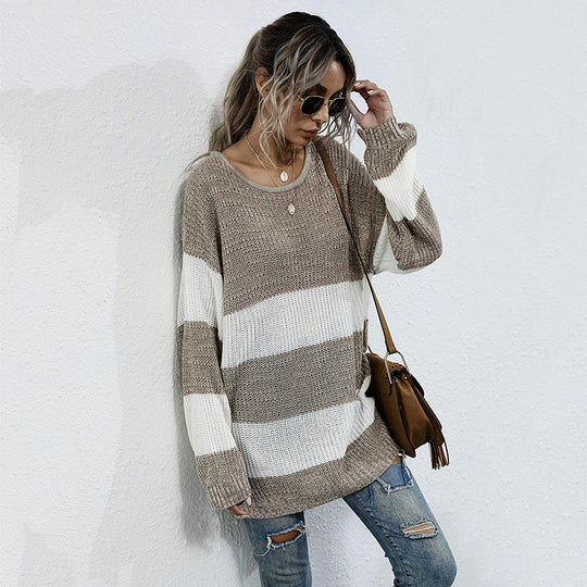 Damen Oversized Strickpullover mit gestreiftem Muster und lässigem Schnitt EB