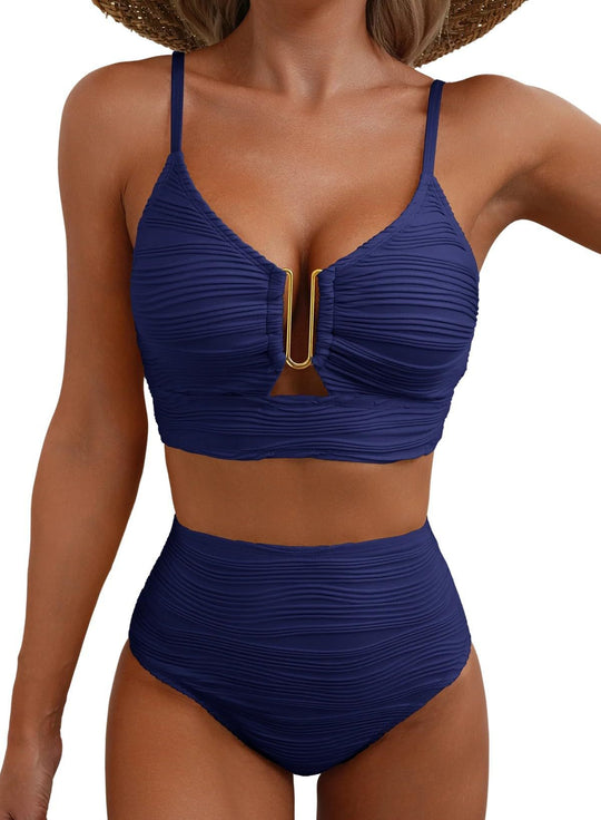 Damen hochgeschnittener Bikini mit gerafftem Oberteil EB
