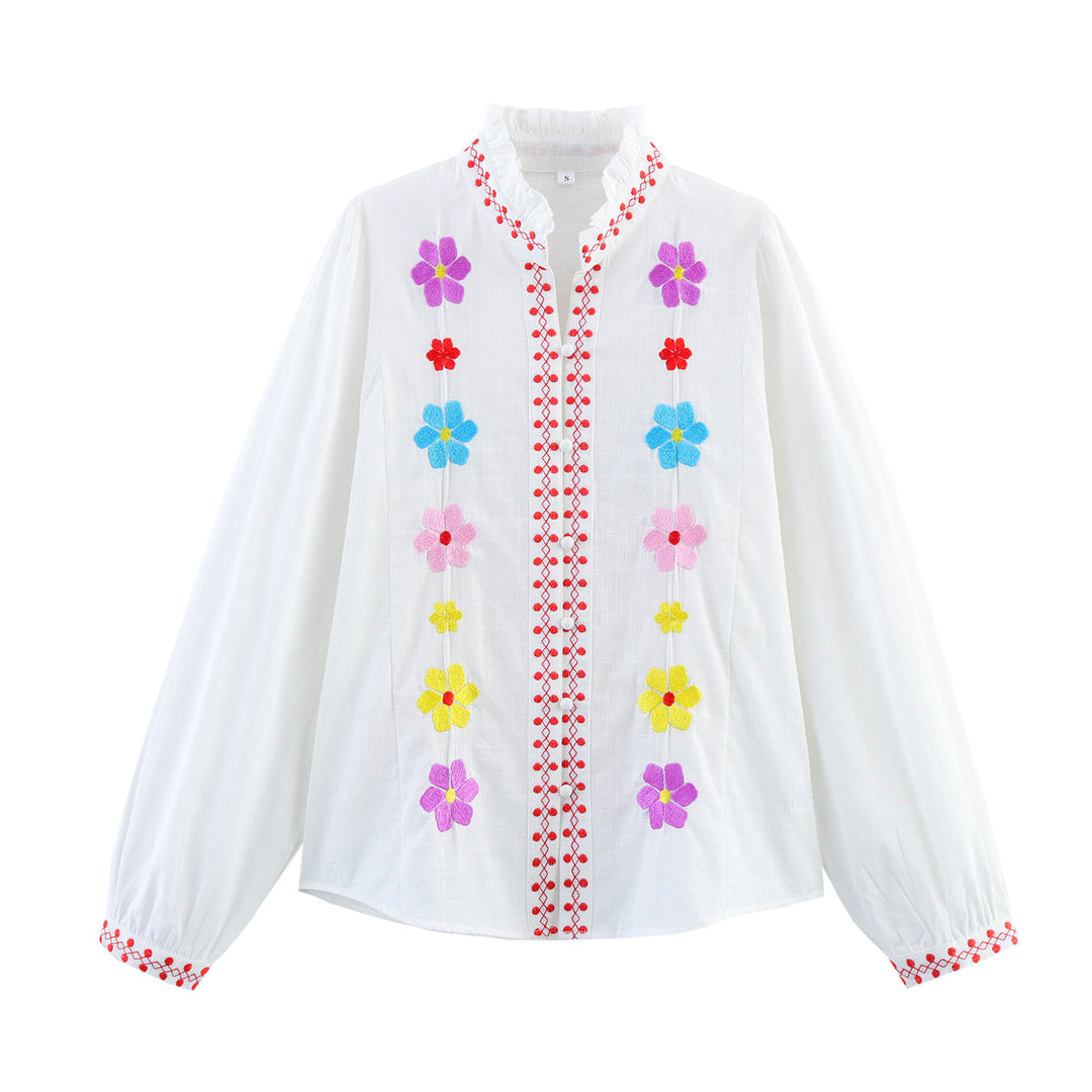 Damen Bluse mit bunten Stickereien und romantischem Rüschendesign EB