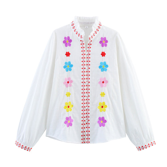 Damen Bluse mit bunten Stickereien und romantischem Rüschendesign EB