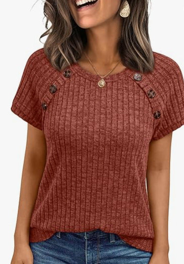 Damen lässiges Rippenstrick-T-Shirt mit Knöpfen EB