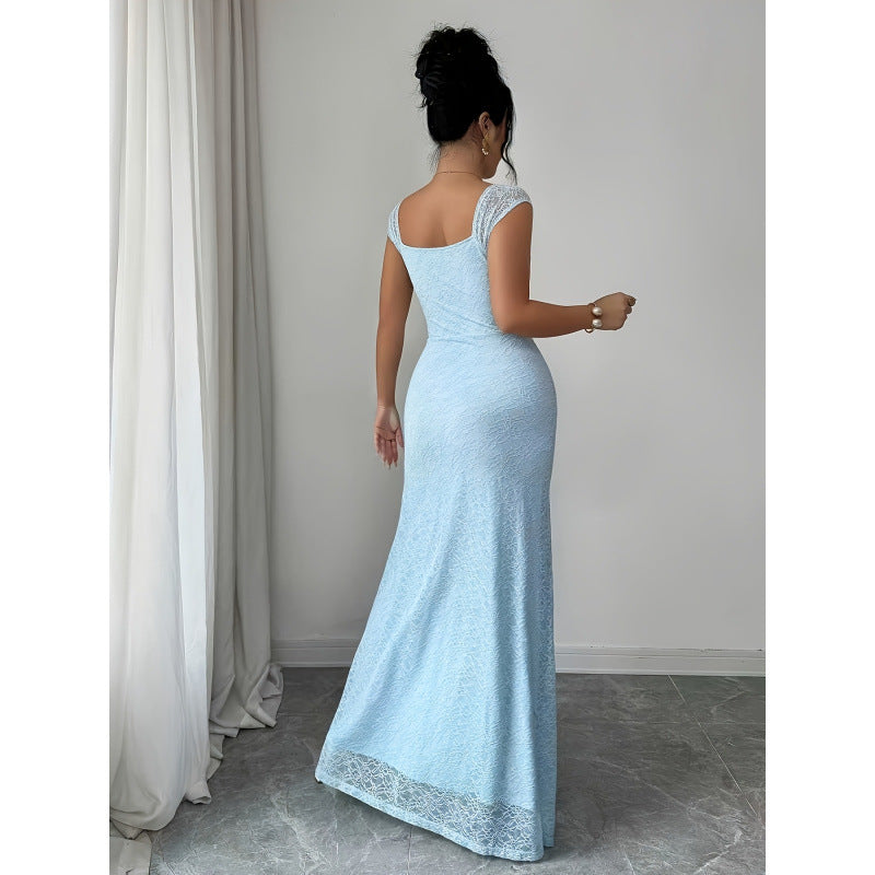 Damen Maxikleid mit Spitzenärmel und seitlichem Schlitz EB