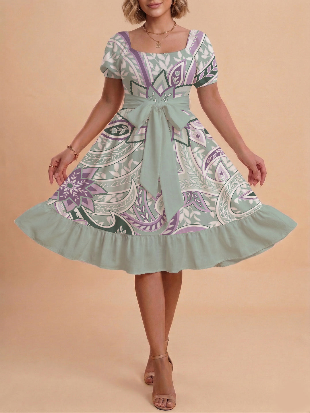 Damen modernes Blumenkleid mit elegantem Taillengürtel und asymmetrischem Saum EB
