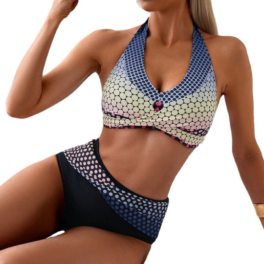 Damen Hochgeschnittenes Bikini-Set mit stilvollem Punktmuster EB