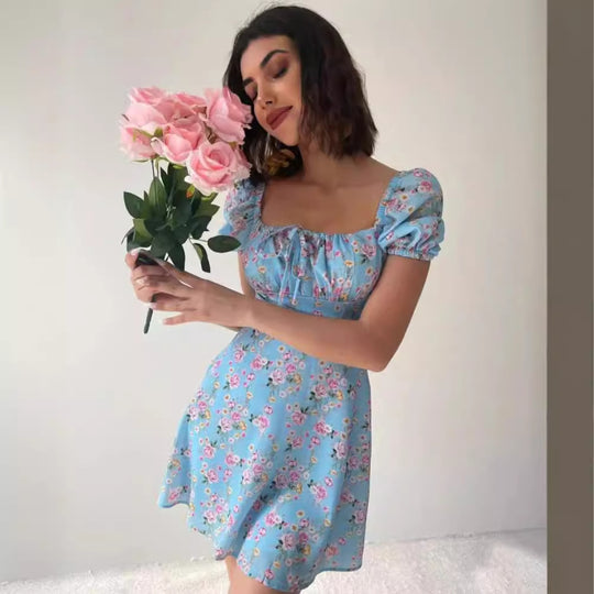 Damen Minikleid mit voluminösen Puffärmeln und floralem Muster EB