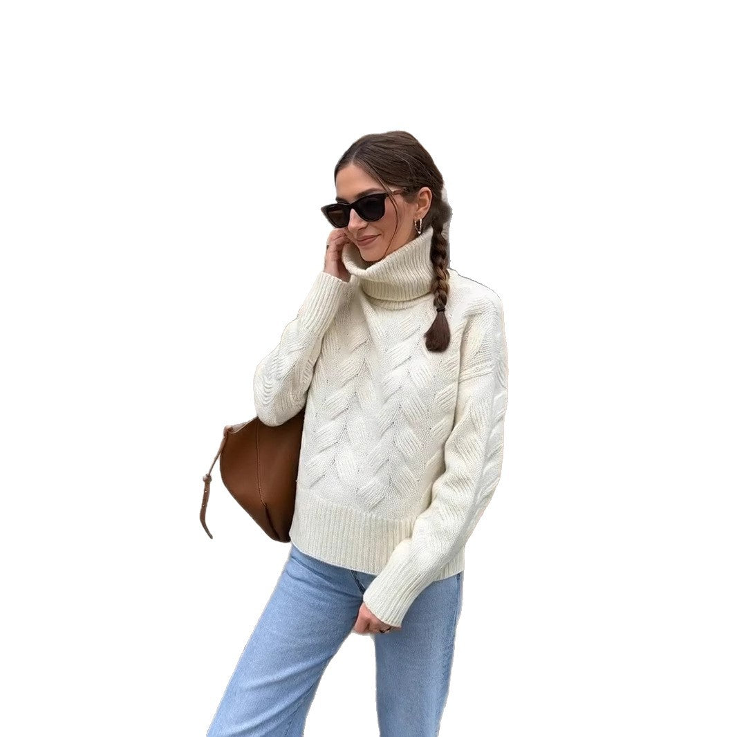 Damen gemütlicher Pullover mit hohem Kragen und Kabelstrick EB