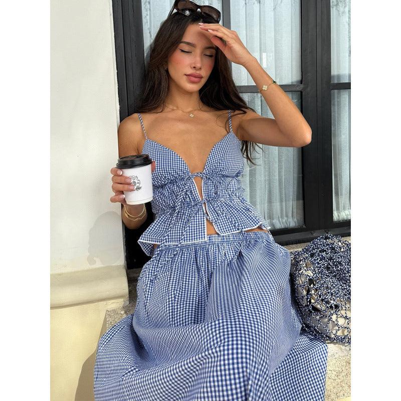 Damen Sommerliches Maxikleid mit V-Ausschnitt und Gingham-Muster EB