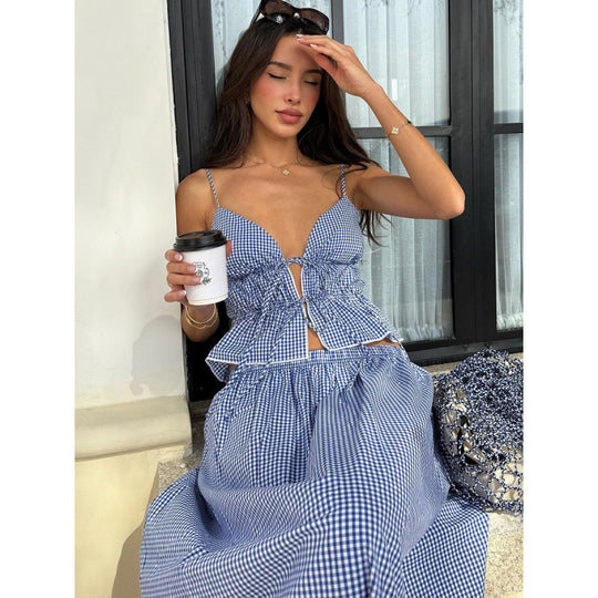 Damen Sommerliches Maxikleid mit V-Ausschnitt und Gingham-Muster EB