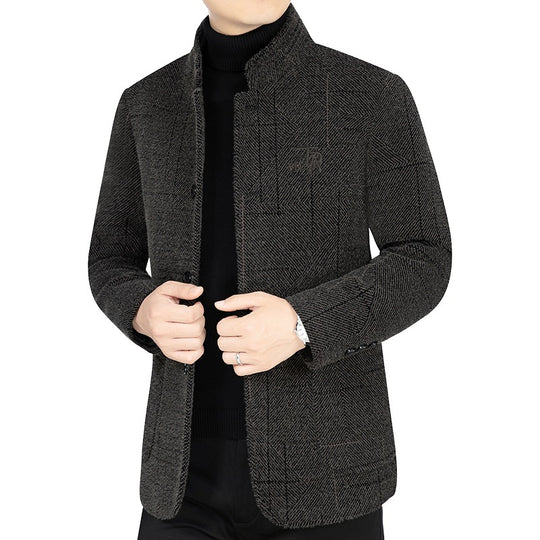 Herren Sakko-Jacke im Blazer-Look mit Stehkragen und Fischgrätstruktur EB