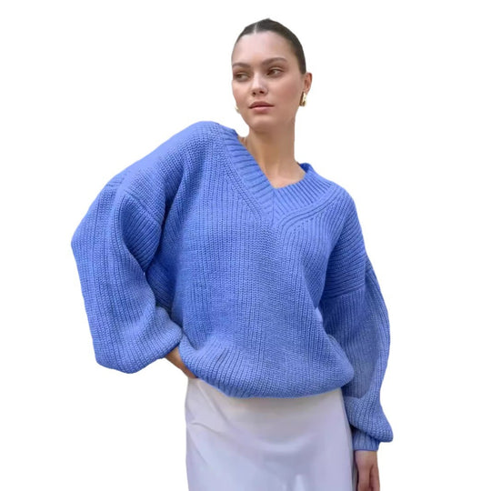 Damen V-Ausschnitt Strickpullover mit voluminösen Ärmeln und strukturierter Oberfläche EB