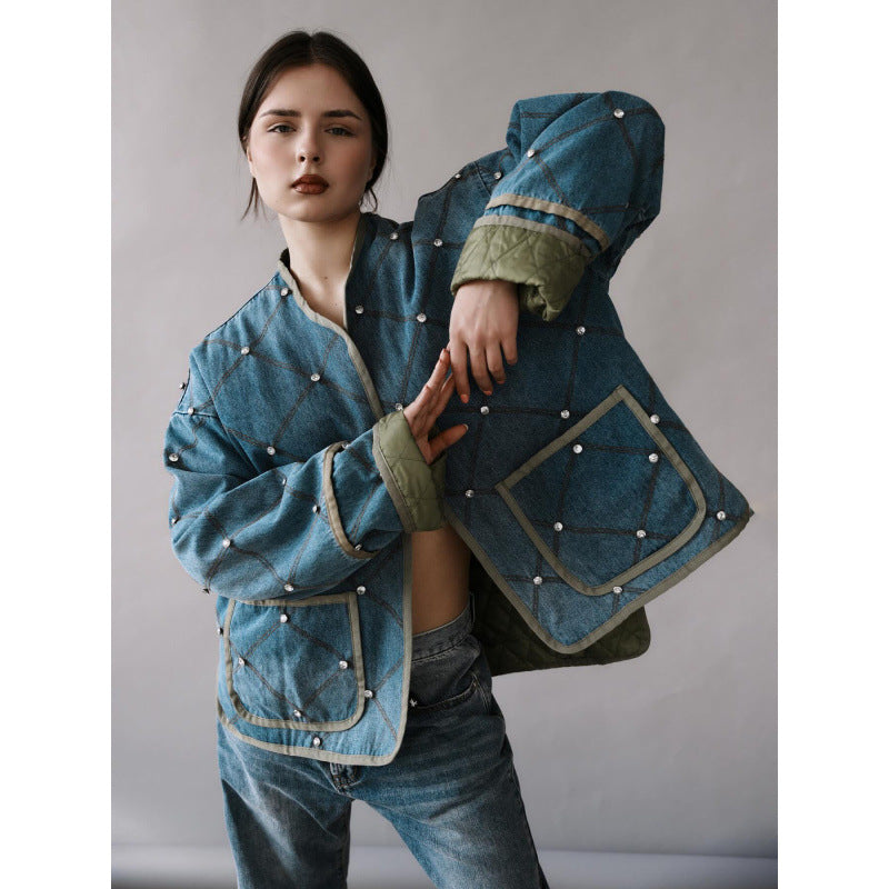 Damen modische denim Jacke mit Diamantsteppung EB