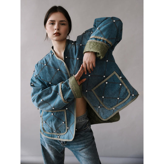 Damen modische denim Jacke mit Diamantsteppung EB
