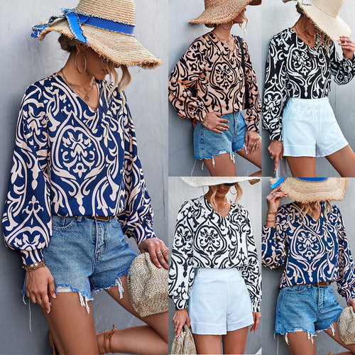 Damen Bluse mit elegantem Barockmuster und lässigen Puffärmeln EB
