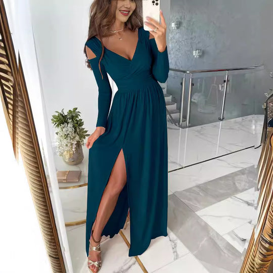 Damen elegantes und figurschmeichelndes Kleid mit langen Ärmeln und seitlichem Schlitz EB