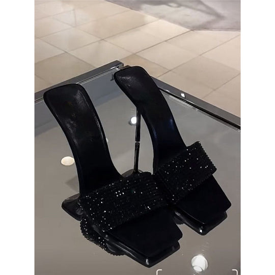 Damen elegante High Heel Mules mit funkelnden Strassakzenten EB