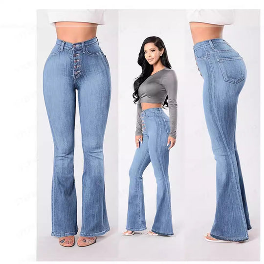 Damen nan hochgeschnittene Bootcut-Jeans mit sichtbarer Knopfleiste, figurformendem Stretch und schlankem Oberschenkel EB