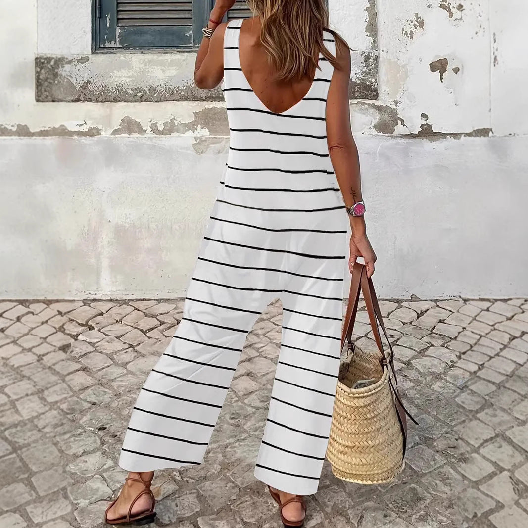 Damen lässiger Jumpsuit mit breitem Bein und maritimem Streifenmuster EB