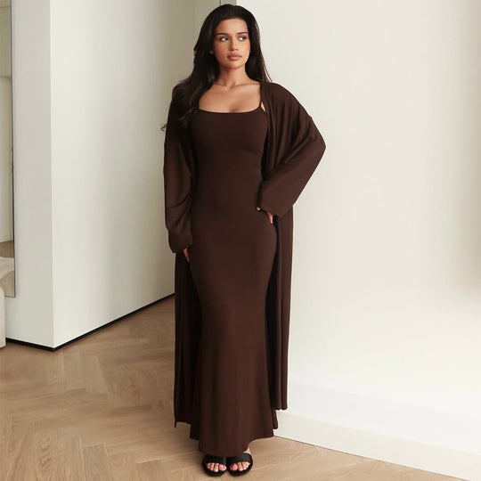 Damen Langärmliges Maxikleid mit offenem Cardigan EB