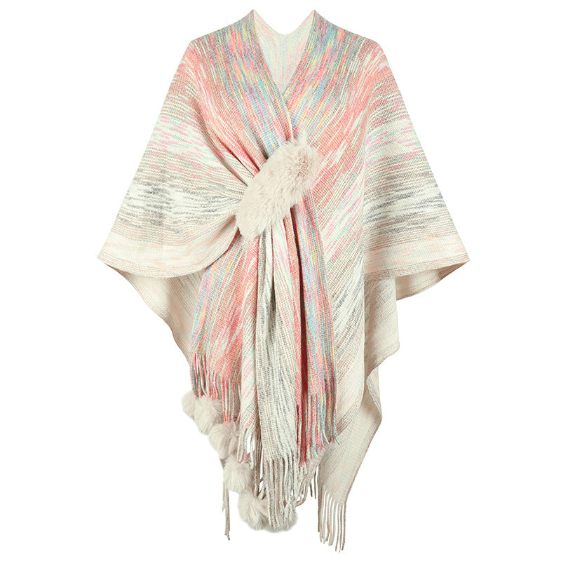 Damen modischer Poncho mit luxuriösem Kunstfellbesatz und kreativen Fransen EB