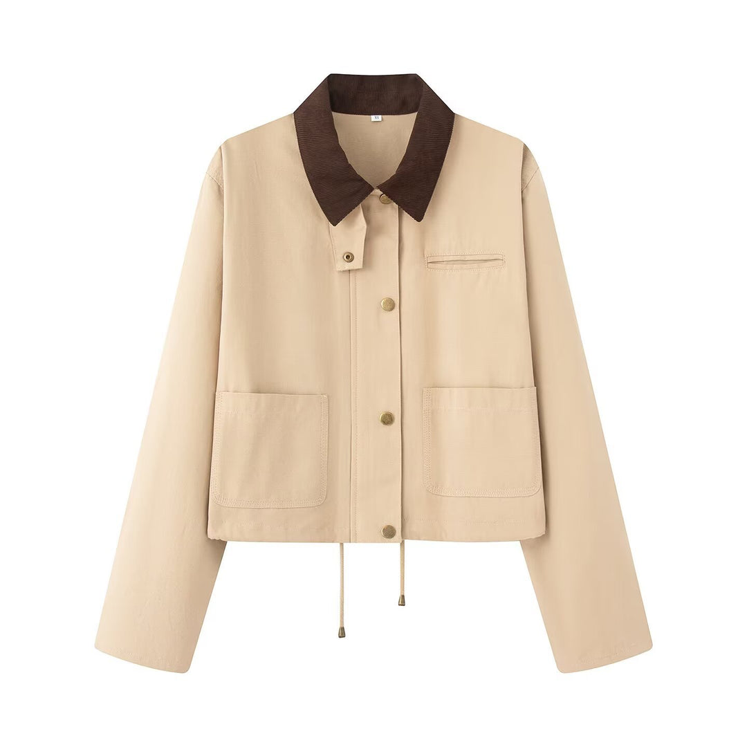 Damen lässige Jacke mit kontrastierendem Kragen und praktischen Taschen EB