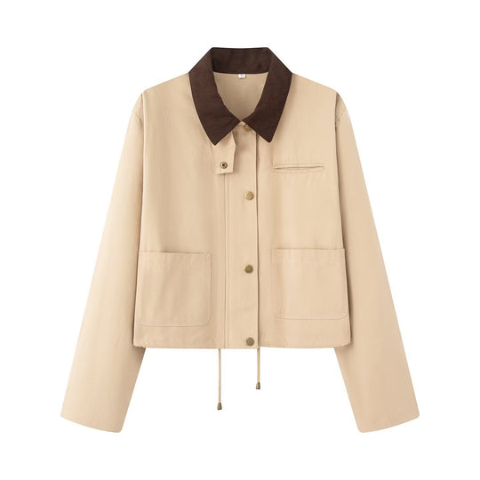 Damen lässige Jacke mit kontrastierendem Kragen und praktischen Taschen EB