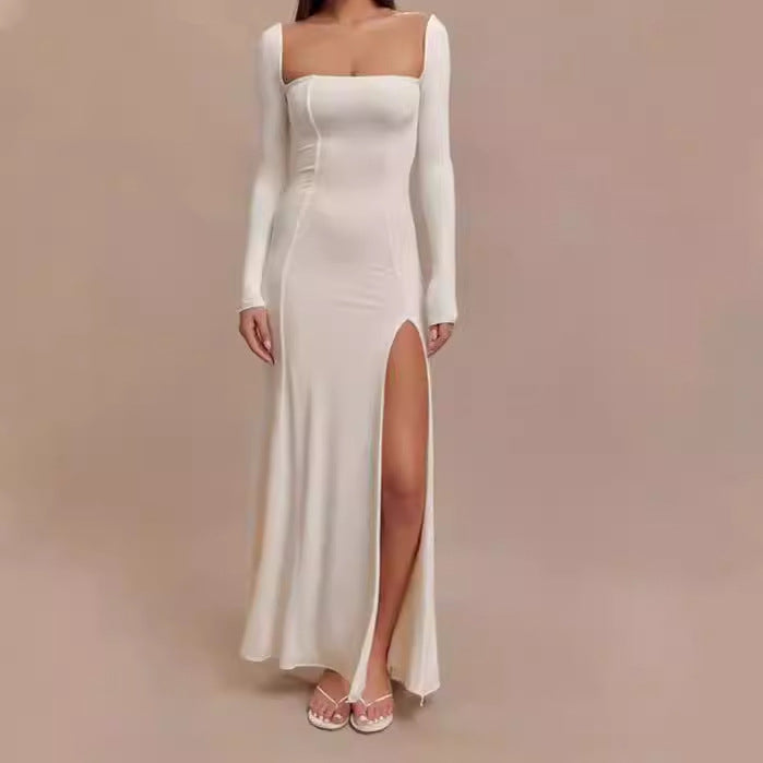 Damen Elegantes Maxikleid mit tiefem Schlitz und langen Ärmeltechnik EB