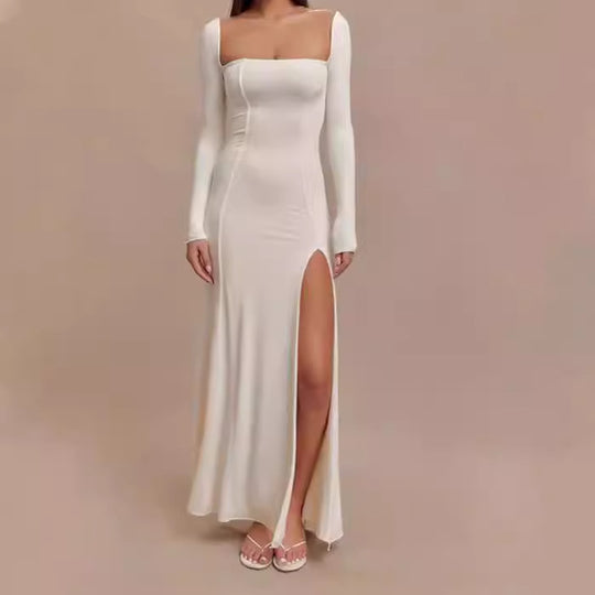 Damen Elegantes Maxikleid mit tiefem Schlitz und langen Ärmeltechnik EB