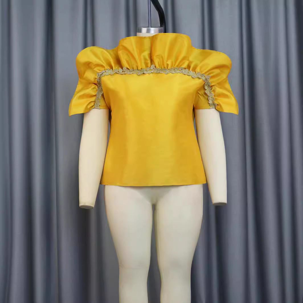 Damen elegantes Blusenshirt mit voluminösen Puffärmeln und dekorativem Spitzenrand EB