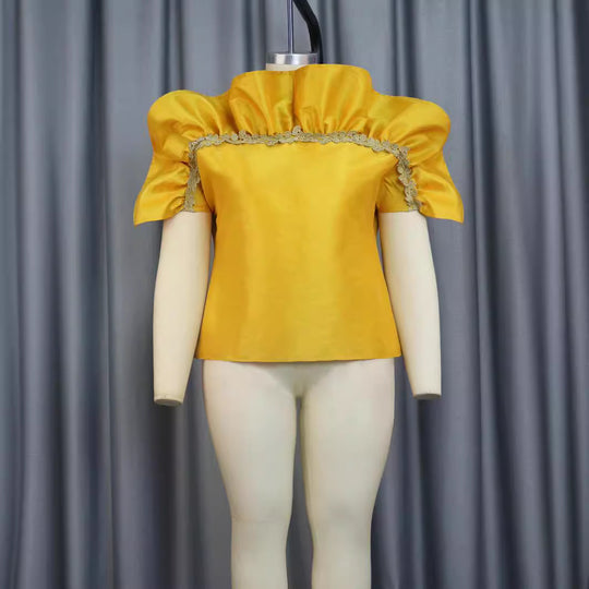 Damen elegantes Blusenshirt mit voluminösen Puffärmeln und dekorativem Spitzenrand EB