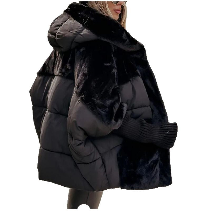 Damen nan gesteppte Kurzjacke mit Teddyfell-Einsätzen, Kapuze und integrierten Rippbündchen EB