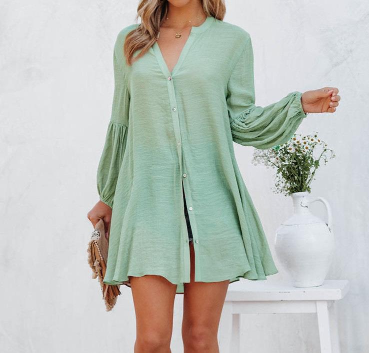 Damen Lässige Bluse mit Ballonärmeln und durchgehender Knopfleiste EB