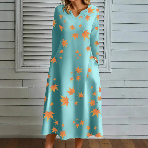 Damen Maxikleid mit auffälligem Laubdesign EB