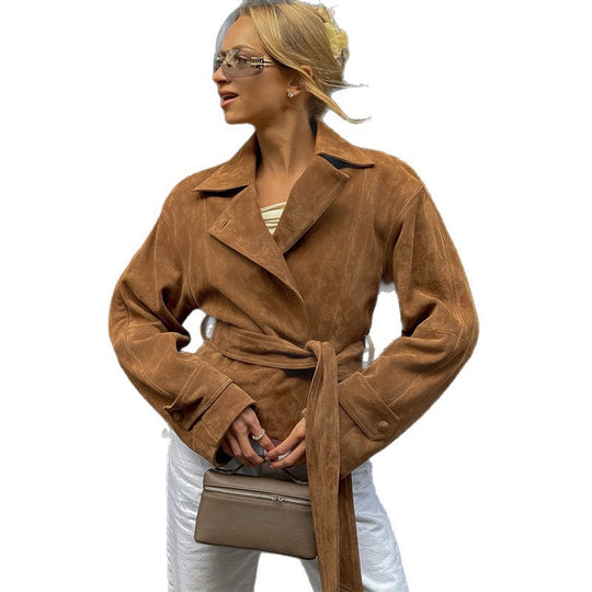 Damen Übergangsjacke im modernen Wildleder-Look mit Taillengürtel und weit geschnittenen Ärmeln EB