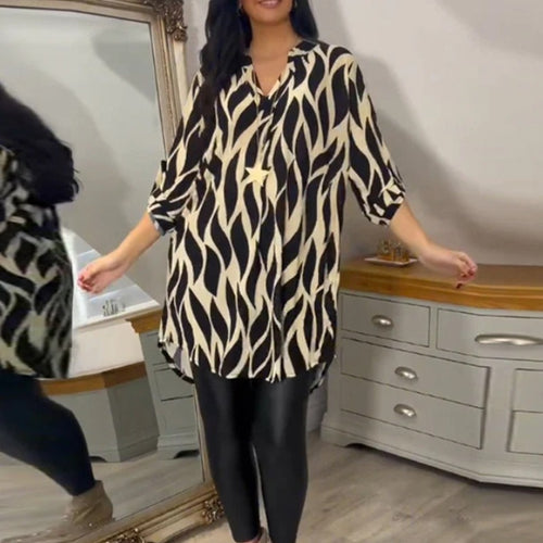 Damen lange Bluse im modernen Wellenmuster mit eleganten Details Heidi-Mode