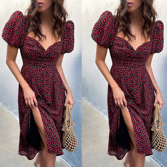 Damen Midi-Kleid mit ballonartigen Ärmeln und aufregendem Muster EB