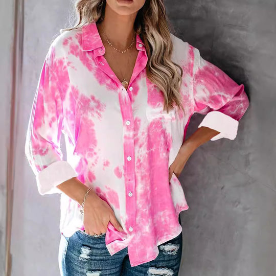Damen Langarmhemd im kreativen Batikdesign mit Knopfleiste EB