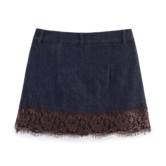 Damen Jeansrock mit eleganter Spitze und Knopfdetails EB