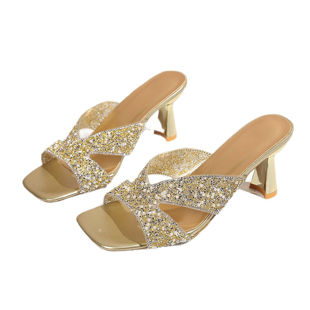 Damen Glamouröse High Heel Pantoletten mit glitzernden Riemen EB