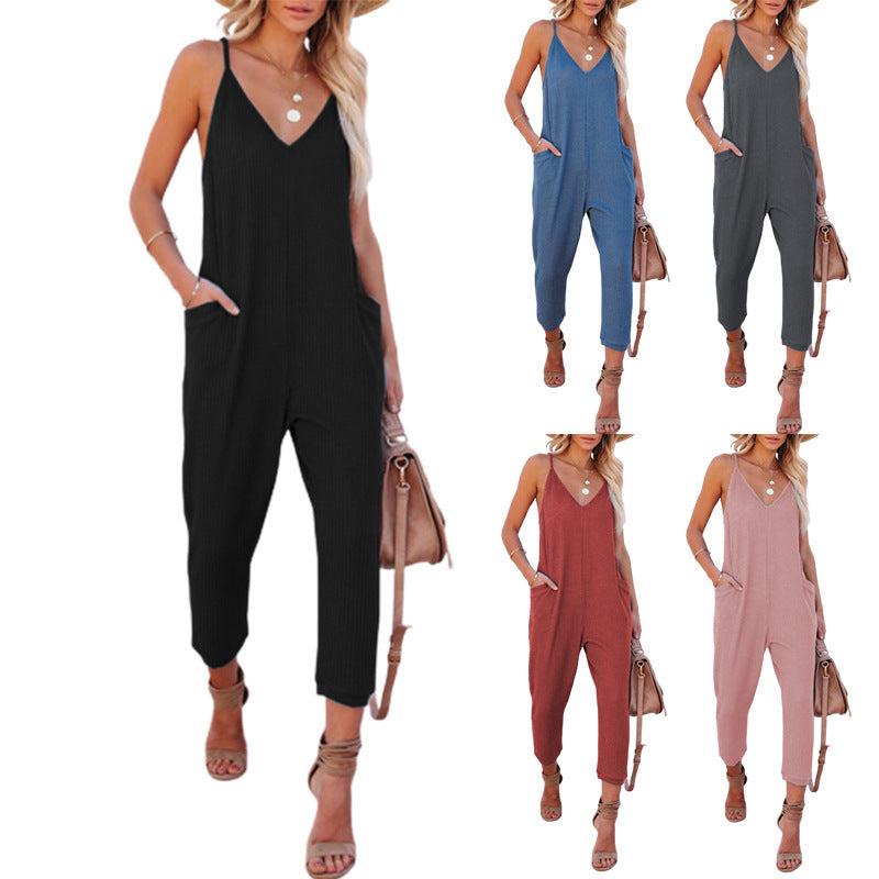 Damen lässiger Jumpsuit mit tiefem V-Ausschnitt und praktischen Seitentaschen EB