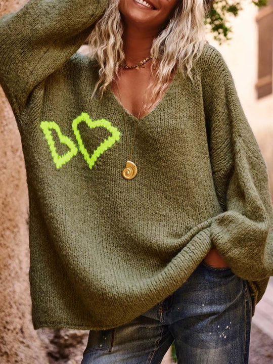 Damen lässiger Oversized-Pullover mit Herzapplikationen EB