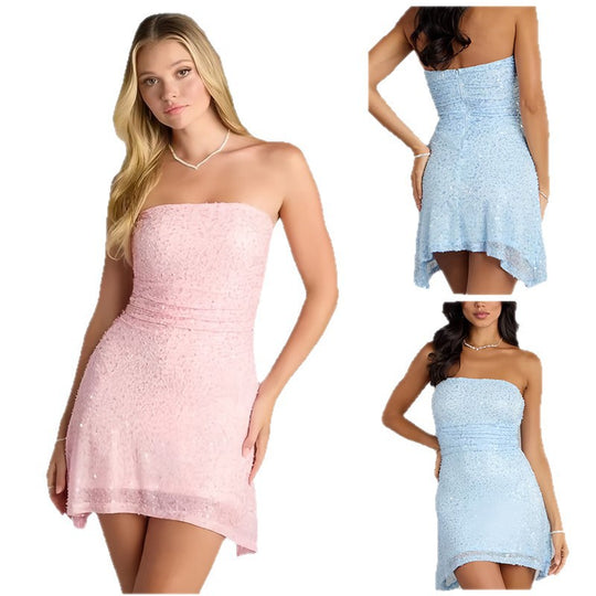 Damen Cocktailkleid mit schimmernden Pailletten und elegantem Wickeldesign EB