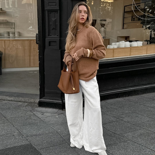 Damen Weit geschnittene Leinenhose mit elastischem Bund und hohem Taillenbund EB