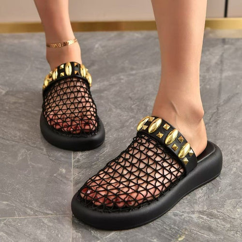 Damen Plateau-Pantoletten mit Netzdesign und Glitzerakzenten EB