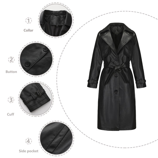 Damen nan langer taillierter Kunstleder-Trenchcoat mit Bindegürtel EB
