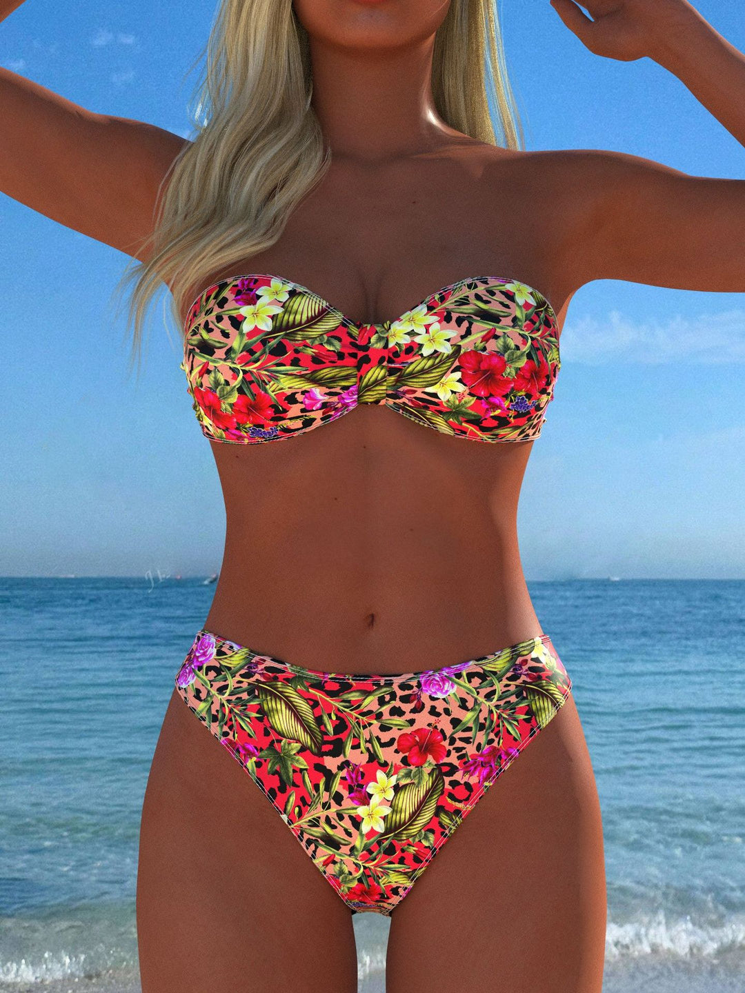 Damen Bandeau-Bikini mit floralem Muster und hohem Beinausschnitt EB