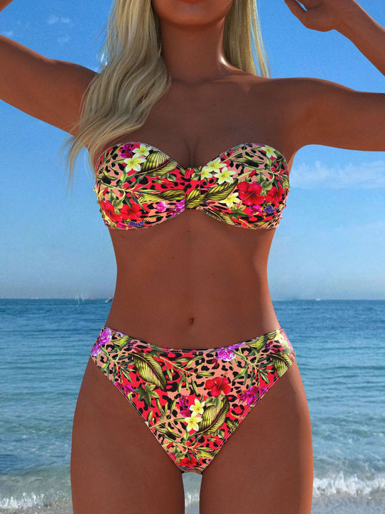 Damen Bandeau-Bikini mit floralem Muster und hohem Beinausschnitt EB