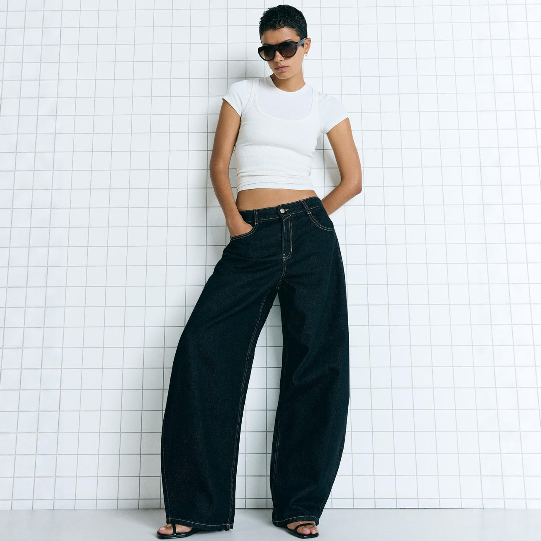 Damen nan hohe Taillenweite Palazzo-Denim mit weitem Bein und cleanem Five-Pocket-Design EB
